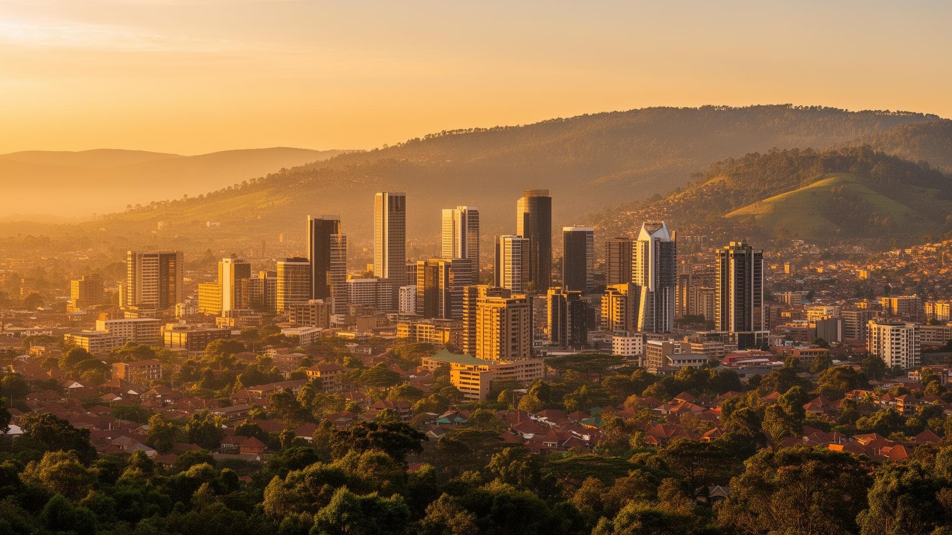 Kigali and the Rwandan hills at golden hour