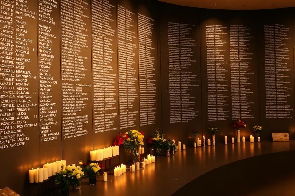 Kigali Genocide Memorial — wall of names with candles and flowers